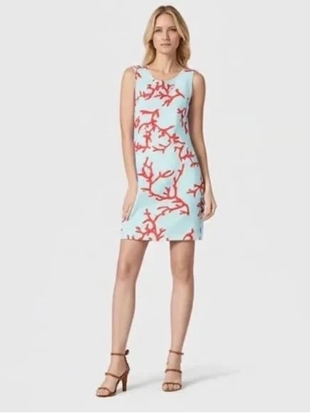J. McLaughlin Sleeveless Coral-Print Shift Dress in Nautical Light‎ Blue